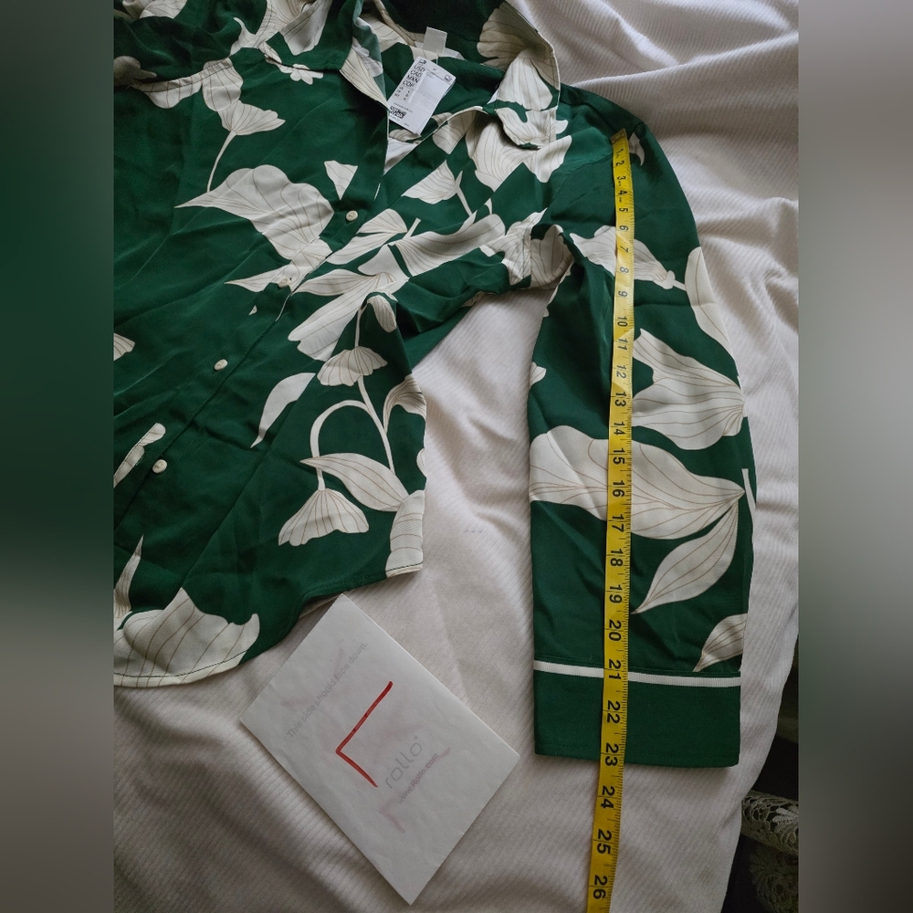 H&m Co-ord Set pajama style shirt × flowy pants floral green ecru BNWT - Picture 15 of 15